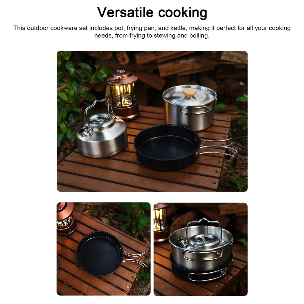 Camping Cookware Set Outdoor Picnic Cookware Kit Stainless Steel Pot Frying Pan Kettle Set Travel Cooking Accessory