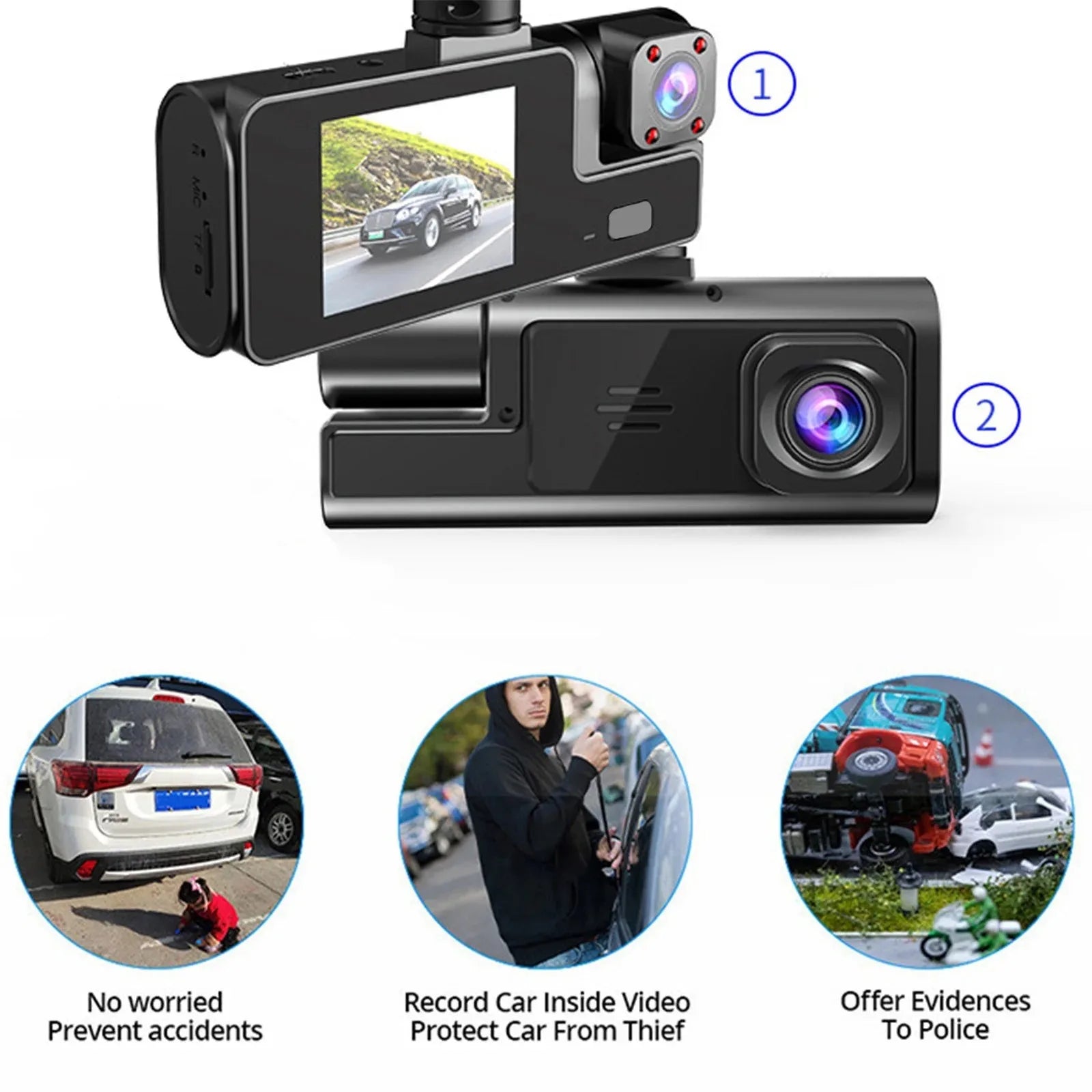 Triple Lens 1080P WiFi Dash Cam with Front, Rear & Cabin Recording, Night Vision
