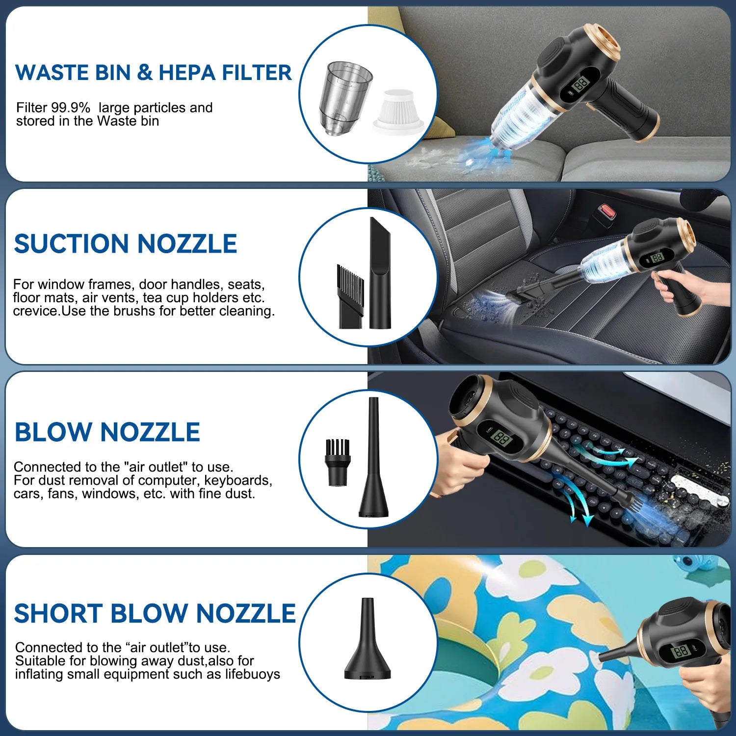 Powerful 2-in-1 Air Duster & Vacuum, Handheld Cordless Cleaner with Digital Display