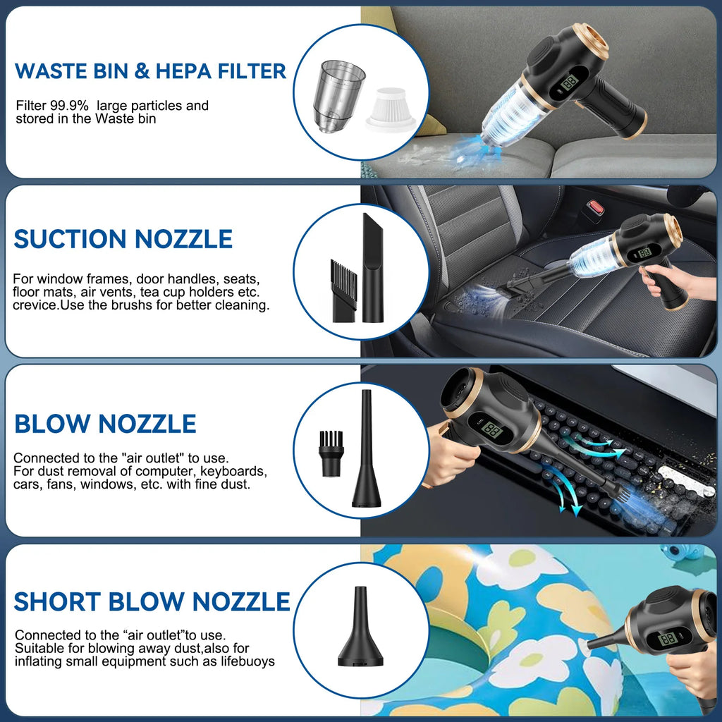 Powerful 2-in-1 Air Duster & Vacuum, Handheld Cordless Cleaner with Digital Display