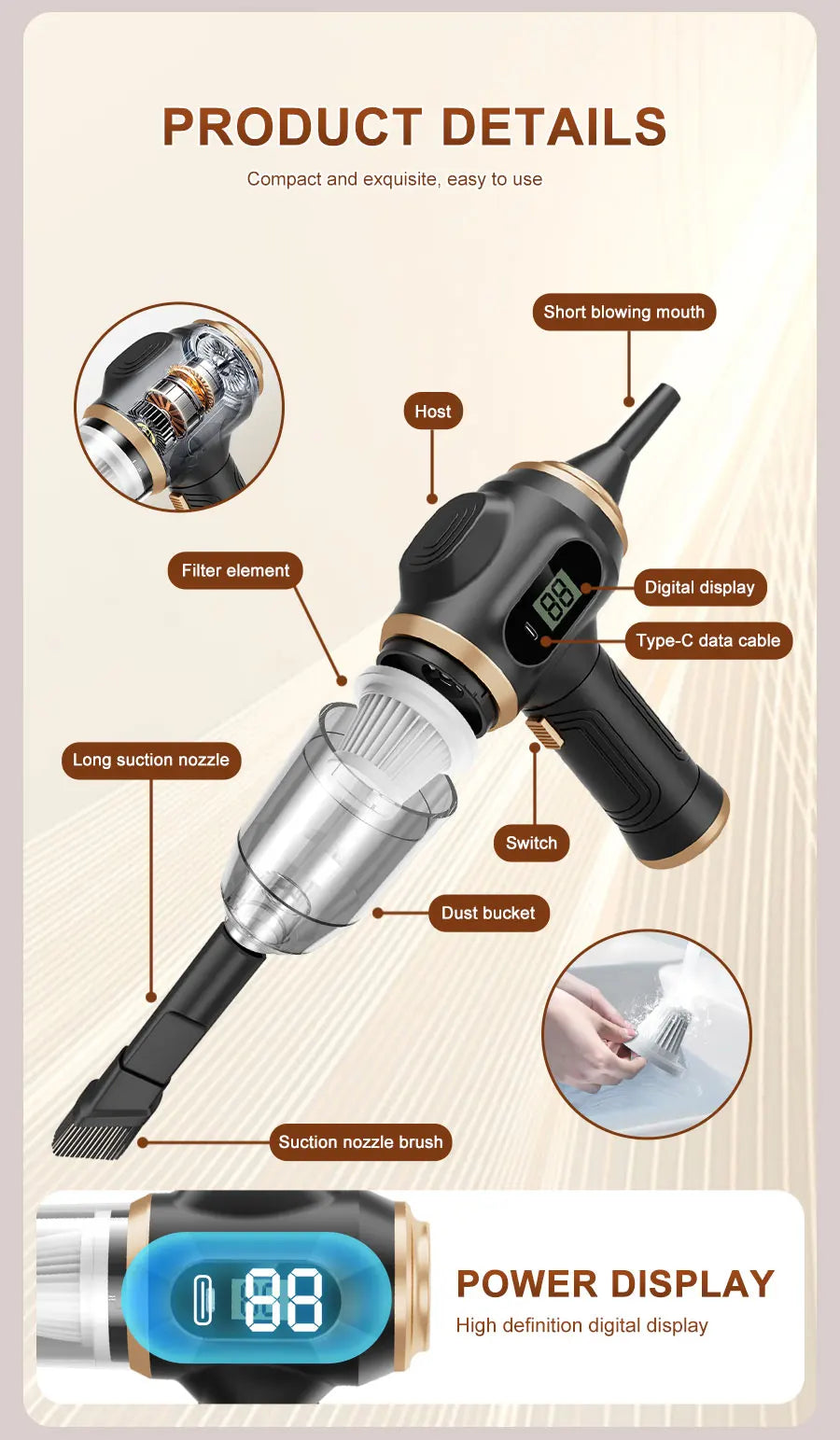 Powerful 2-in-1 Air Duster & Vacuum, Handheld Cordless Cleaner with Digital Display