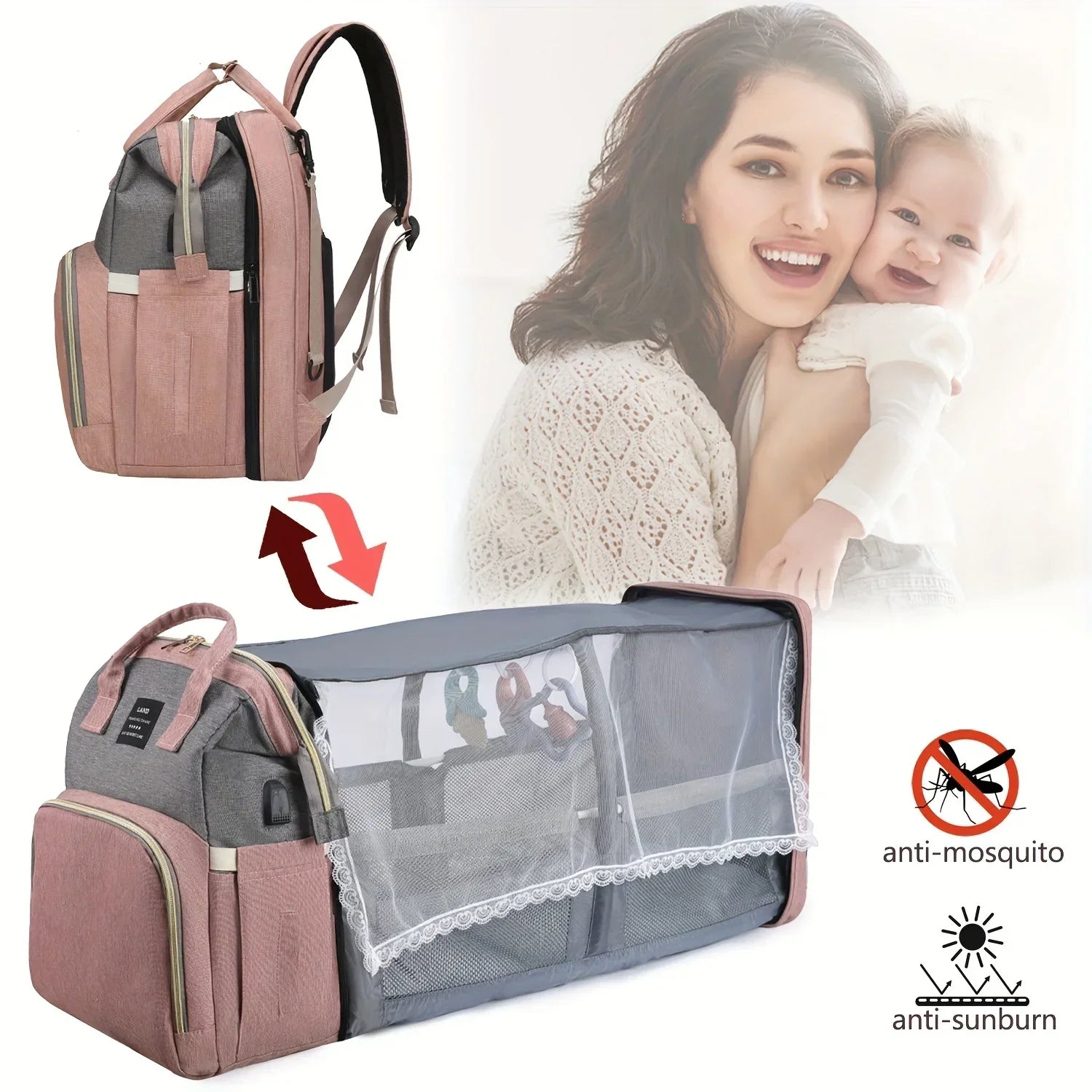 Foldable and Portable Mommy Backpack - with Crib Bed, Straps Large Capacity Diaper Bag
