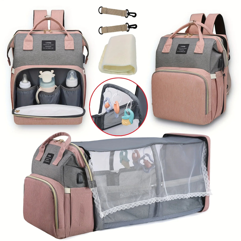 Foldable and Portable Mommy Backpack - with Crib Bed, Straps Large Capacity Diaper Bag