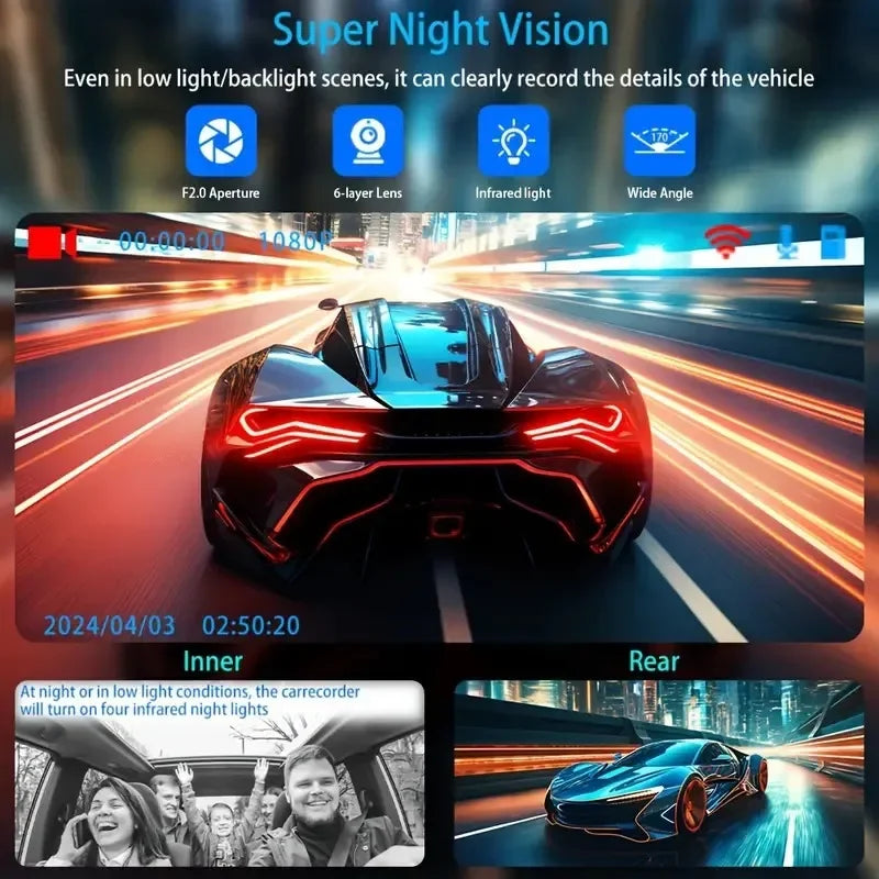 Triple Lens 1080P WiFi Dash Cam with Front, Rear & Cabin Recording, Night Vision