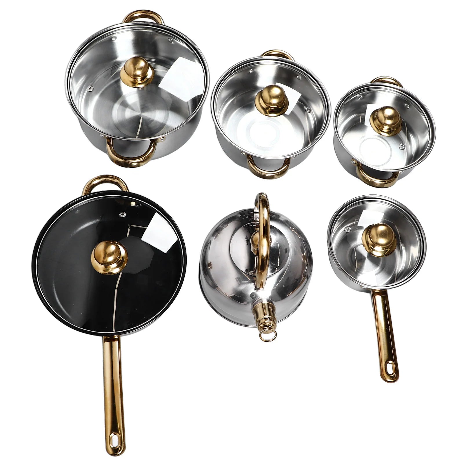 6-Piece Stainless Steel Cookware Set with Gold Handles