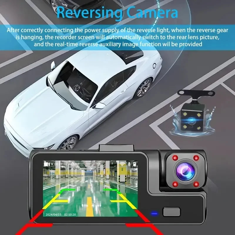 Triple Lens 1080P WiFi Dash Cam with Front, Rear & Cabin Recording, Night Vision