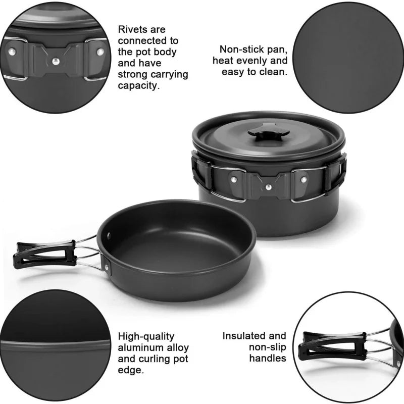 Portable Camping Cookware Set for 2-3 People – Lightweight Backpacking Cooking Kit with Folding Pots Sets