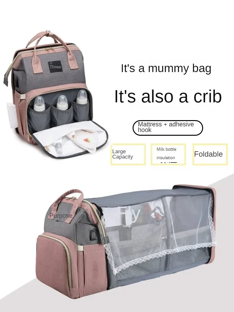Foldable and Portable Mommy Backpack - with Crib Bed, Straps Large Capacity Diaper Bag
