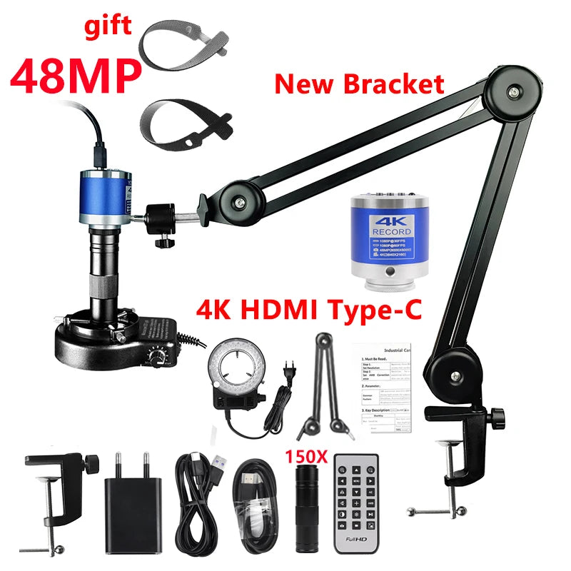 Microscope With 360° Adjustable Arm, 4K 48MP HDMI TYPE-C  0-150X Magnification