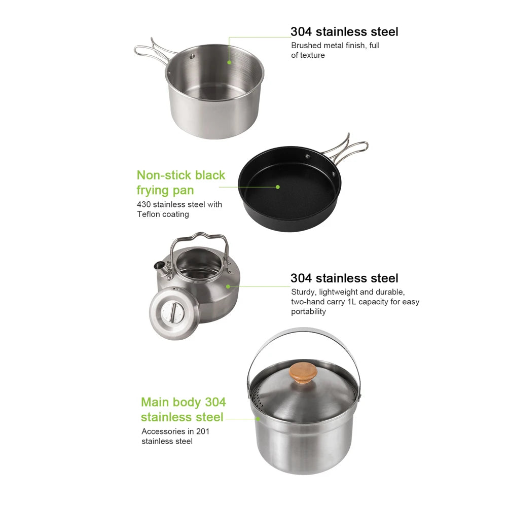 Camping Cookware Set Outdoor Picnic Cookware Kit Stainless Steel Pot Frying Pan Kettle Set Travel Cooking Accessory