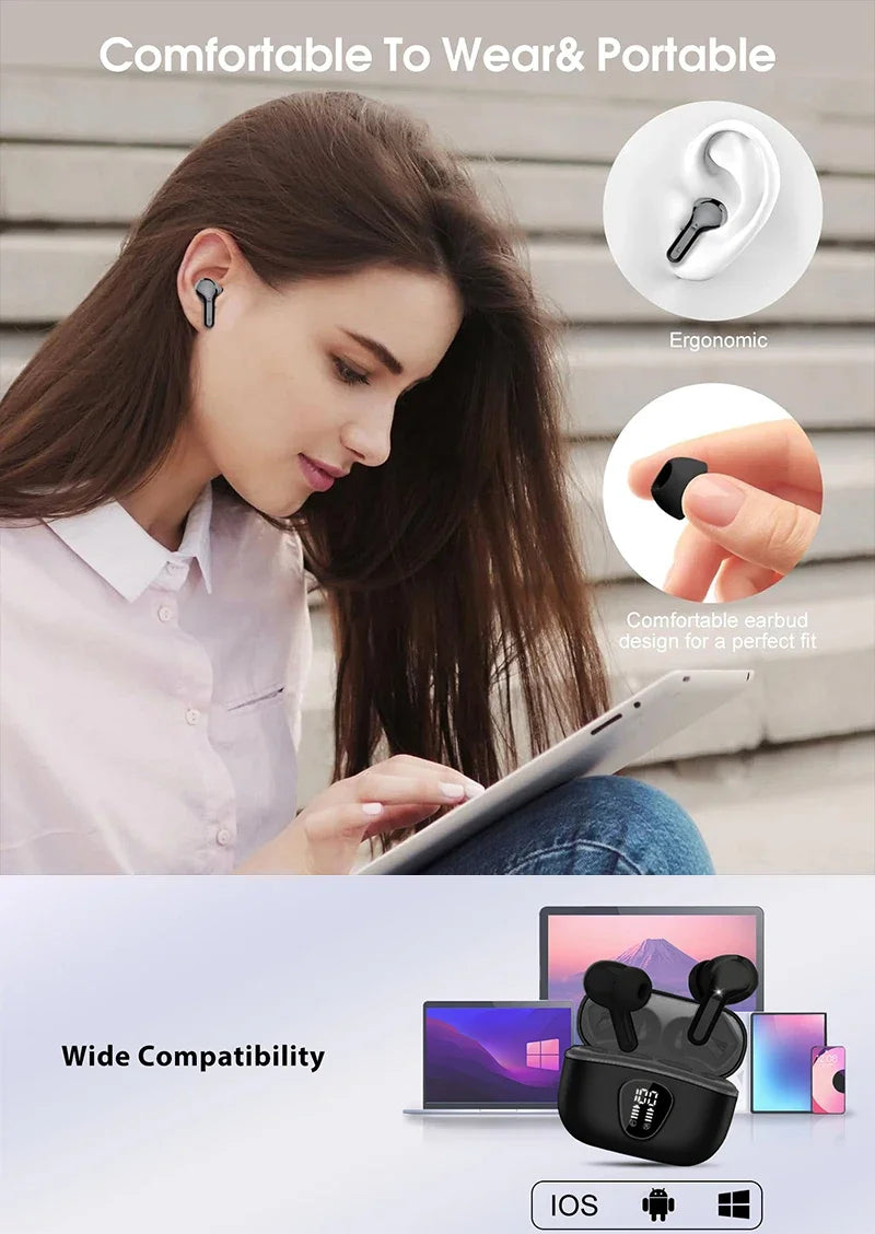 Wireless Ear Buds with LED Display HiFi Stereo Earbuds Headphones with IP7 Waterproof