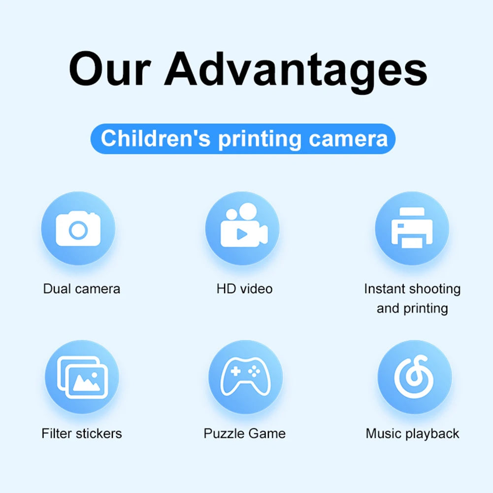 Kids Camera Instant 1080P HD Selfie Digital Camera for Girls Boys Christmas Birthday Gifts Toy Can Take Photo Video Print Camera
