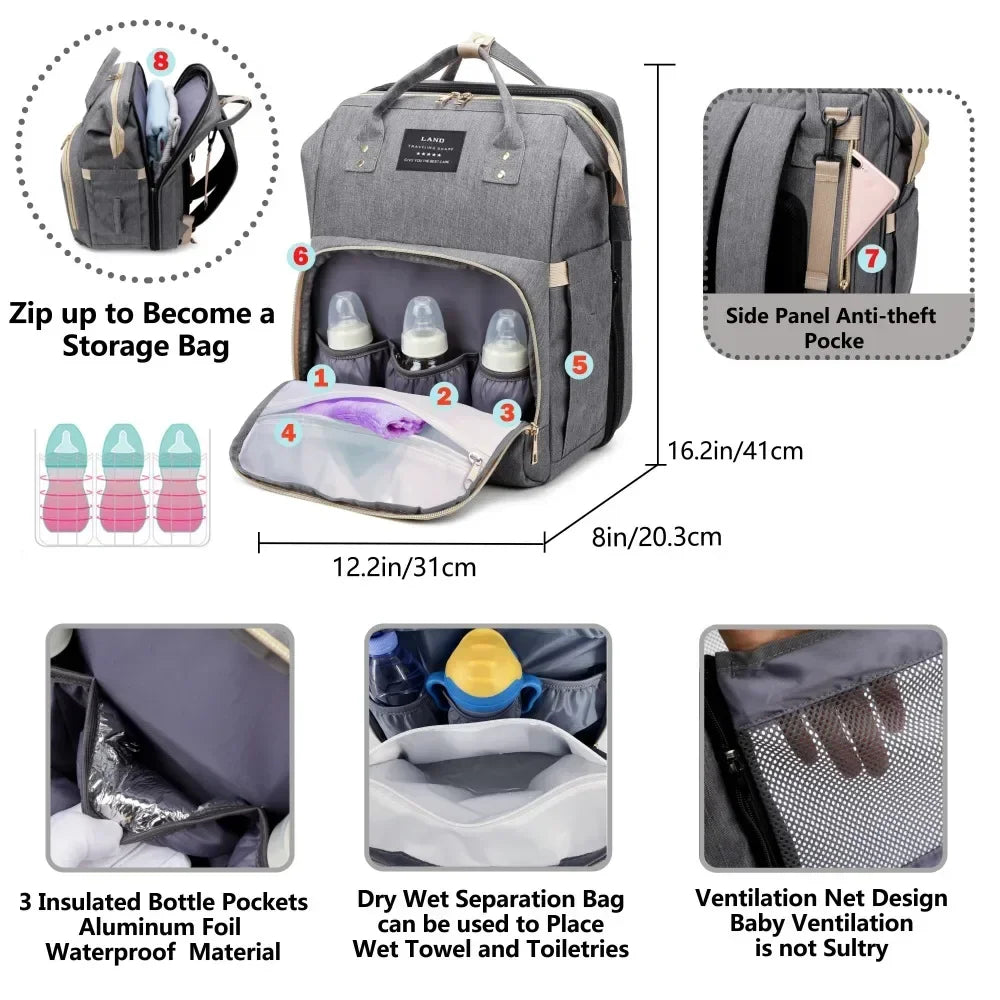 Foldable and Portable Mommy Backpack - with Crib Bed, Straps Large Capacity Diaper Bag