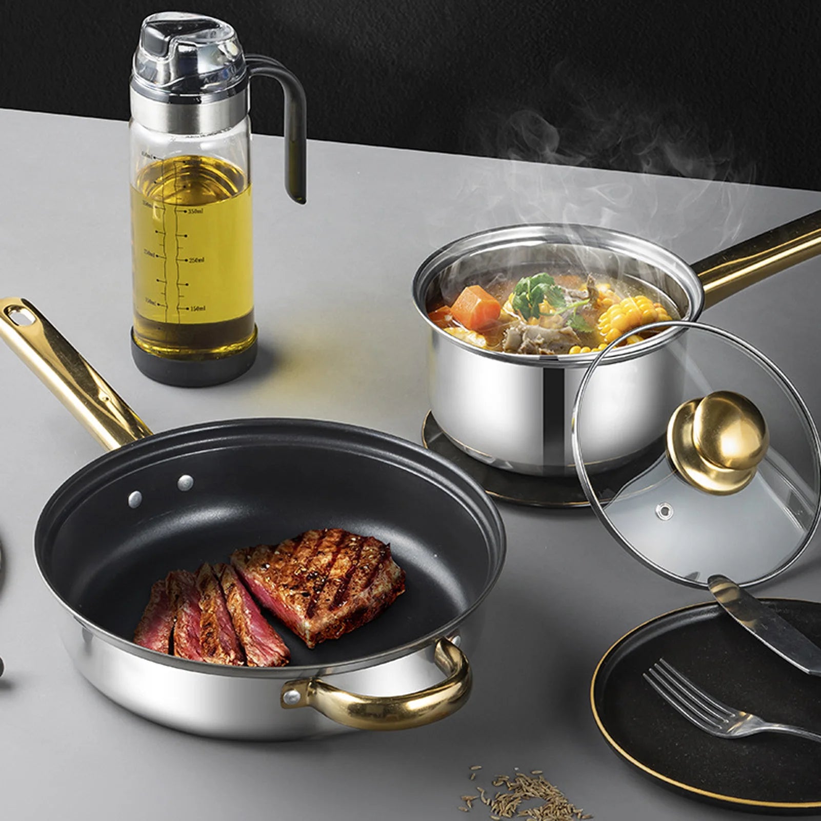 6-Piece Stainless Steel Cookware Set with Gold Handles