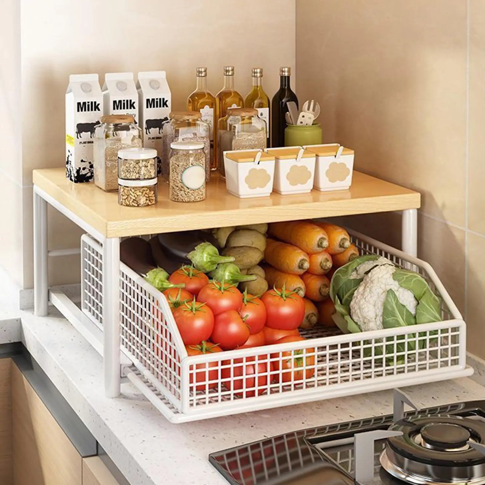 Kitchen Storage Rack Standing Shelf with Drawer for Fruits Vegetables Microwave Oven Pots Dishes Spices Organizer Home Apartment