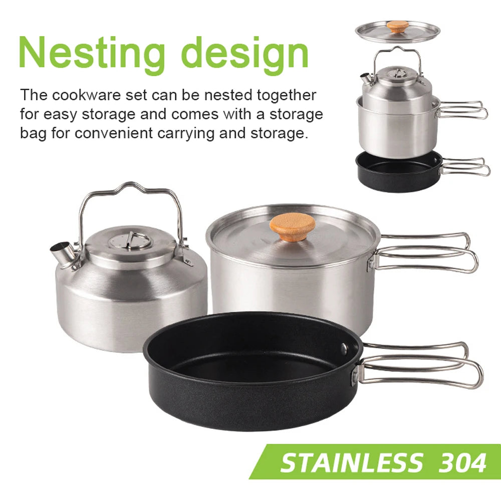 Camping Cookware Set Outdoor Picnic Cookware Kit Stainless Steel Pot Frying Pan Kettle Set Travel Cooking Accessory