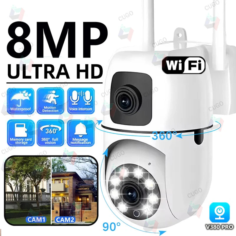 Security Camera 8MP Dual-Lens WiFi Outdoor with AI Human Tracking, Color Night Vision