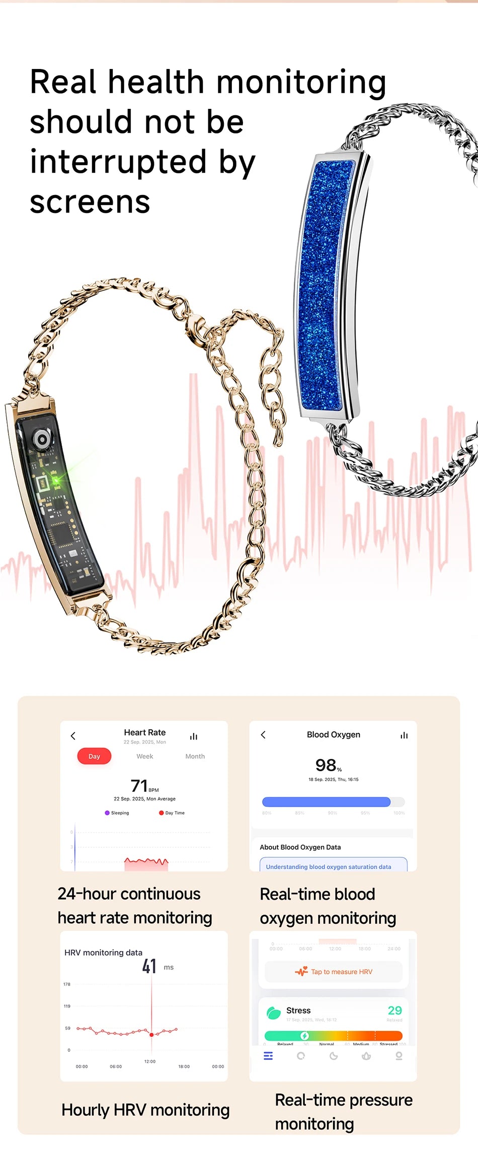 Smart Bracelet Women Heart Rate Monitor Pedometer HRV Test Blood Oxygen Waterproof