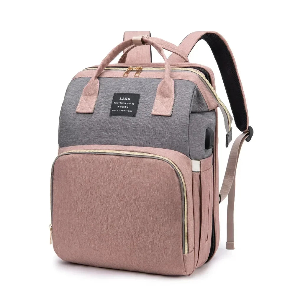 Foldable and Portable Mommy Backpack - with Crib Bed, Straps Large Capacity Diaper Bag