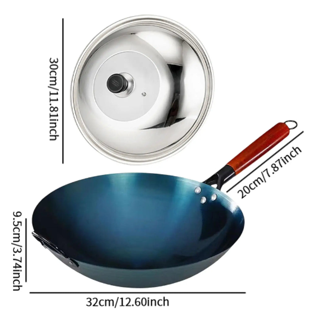 Wok Pan Chef with Wood Handle for Induction Cooker with Lid Traditional Wok for Kitchen Household Home Restaurant Cooking