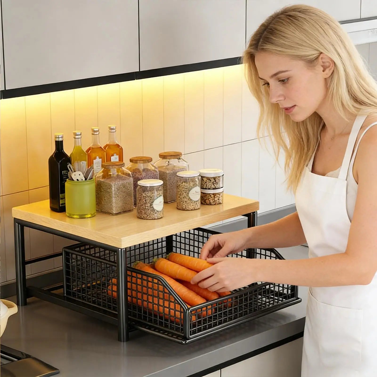 Kitchen Storage Rack Standing Shelf with Drawer for Fruits Vegetables Microwave Oven Pots Dishes Spices Organizer Home Apartment