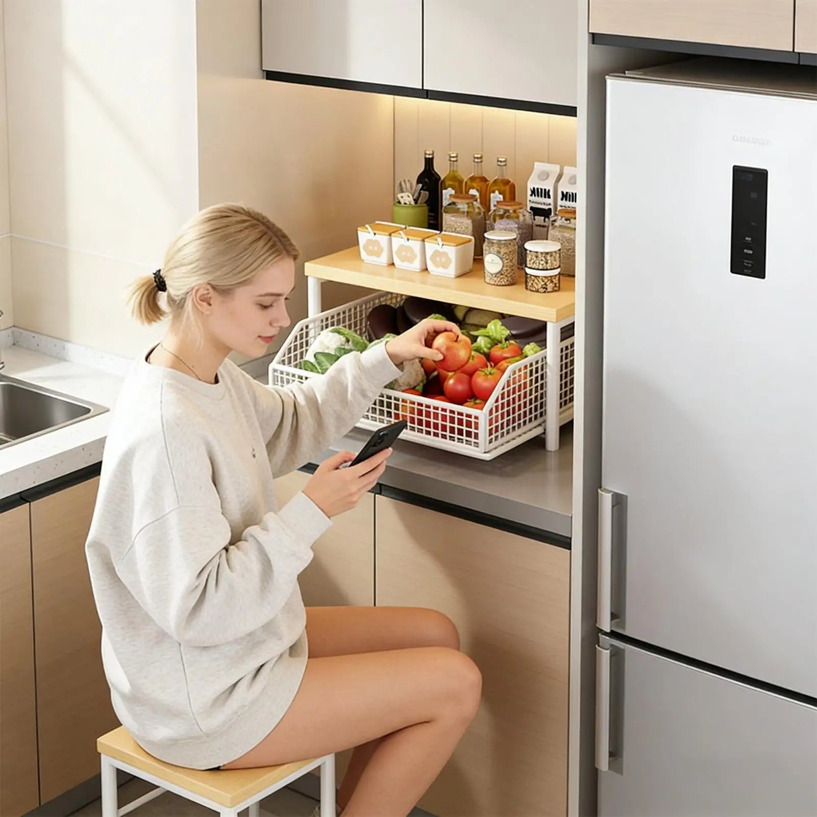 Kitchen Storage Rack Standing Shelf with Drawer for Fruits Vegetables Microwave Oven Pots Dishes Spices Organizer Home Apartment