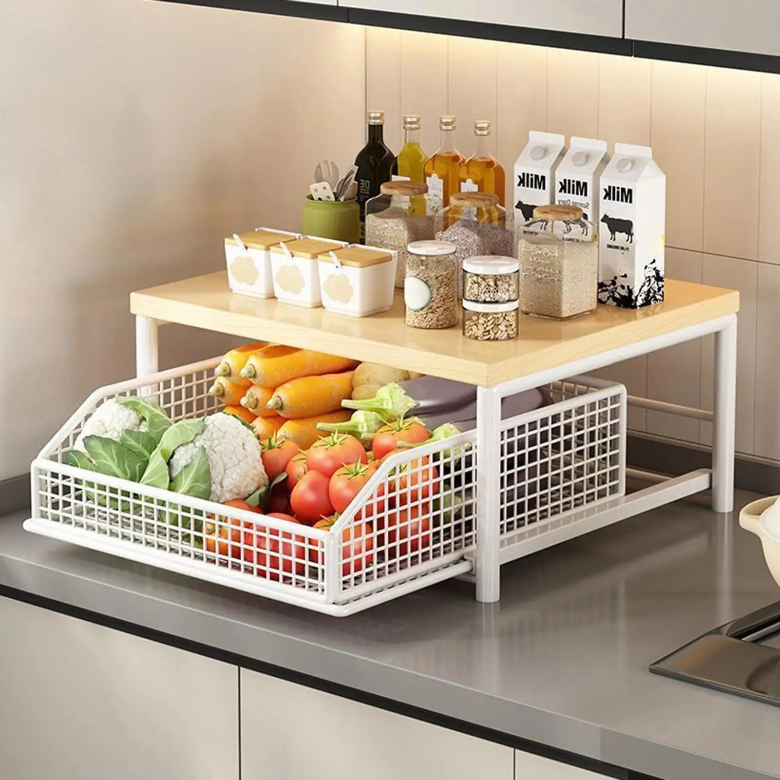Kitchen Storage Rack Standing Shelf with Drawer for Fruits Vegetables Microwave Oven Pots Dishes Spices Organizer Home Apartment