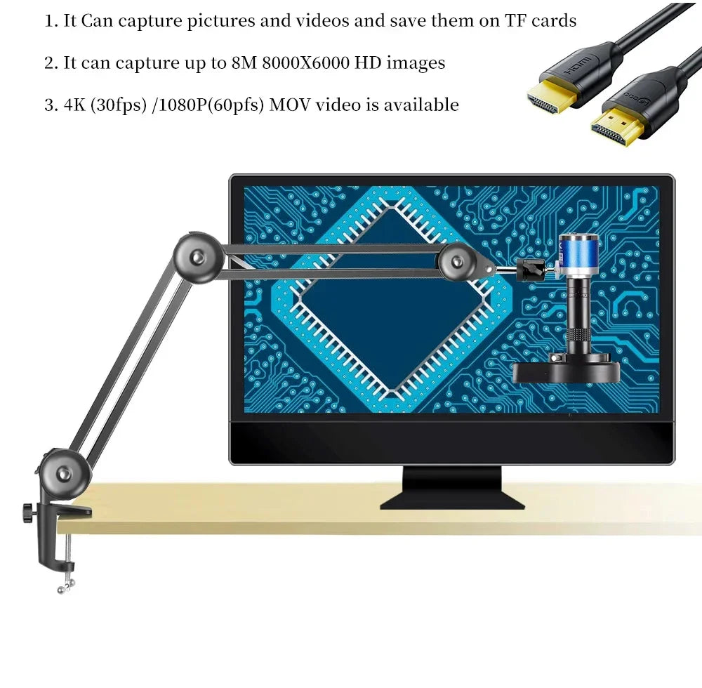 Microscope With 360° Adjustable Arm, 4K 48MP HDMI TYPE-C  0-150X Magnification