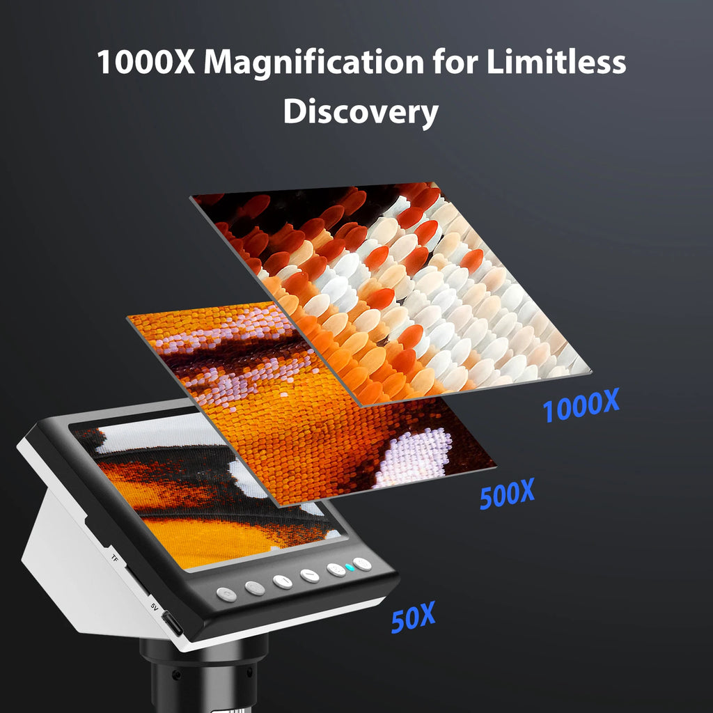 Digital Microscope 4.3'' 1000X Coin Microscope 1080P Video Microscope for Adult Soldering Microscope With 8 LEDs , PC View