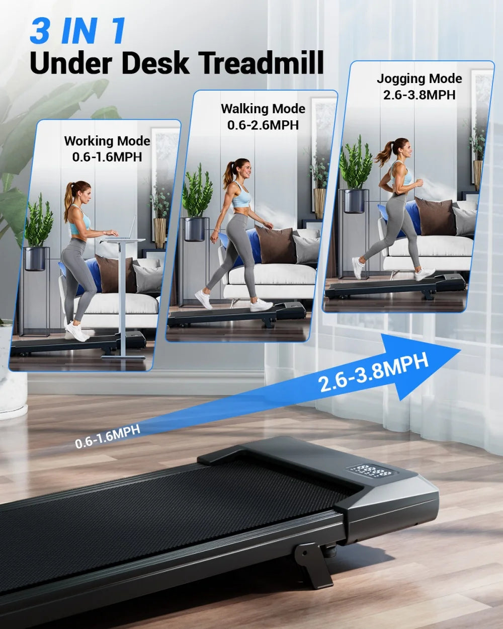 Treadmills 2.5 HP Quiet Walking Pad Under Desk Foldable 6% Slope Portable
