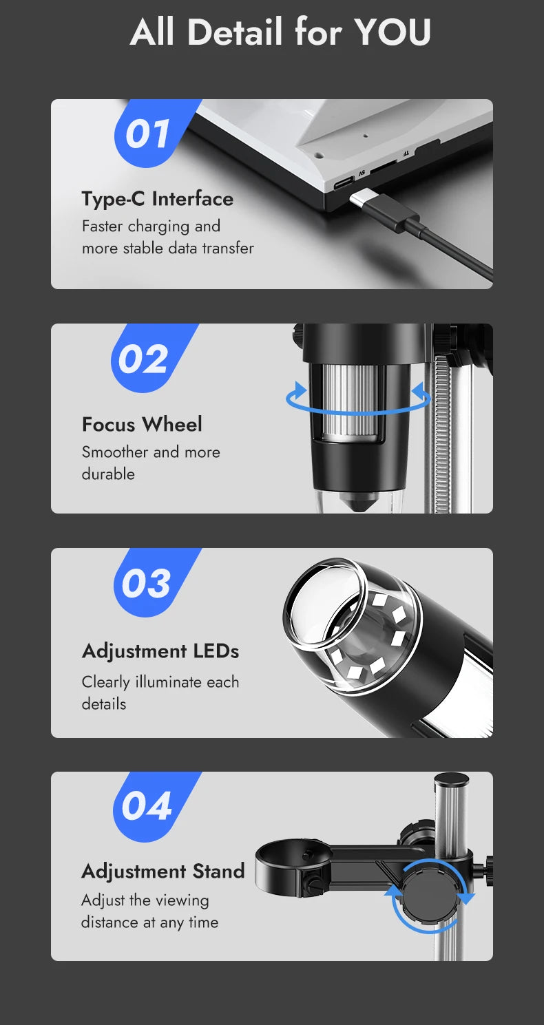 Digital Microscope 4.3'' 1000X Coin Microscope 1080P Video Microscope