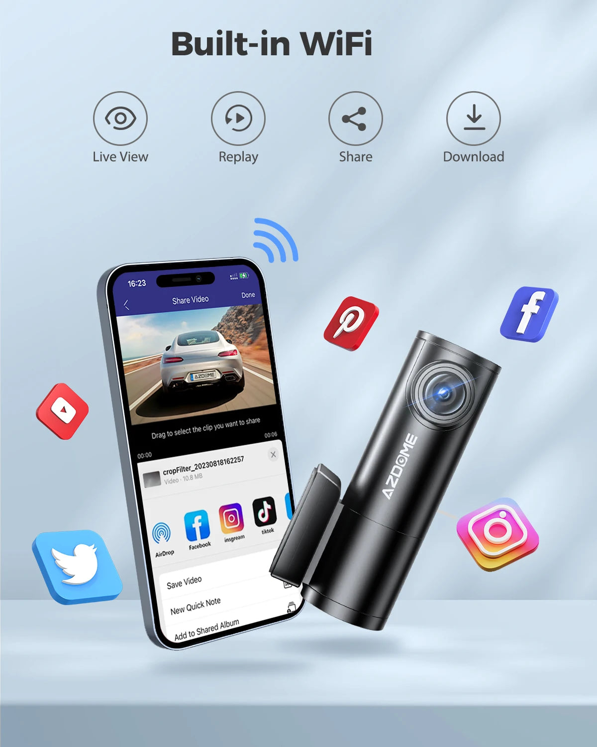 Dash Cam 1296P WiFi Dash Camera for Cars Voice Control Dashcams Night Vision
