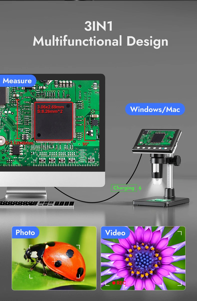 Digital Microscope 4.3'' 1000X Coin Microscope 1080P Video Microscope