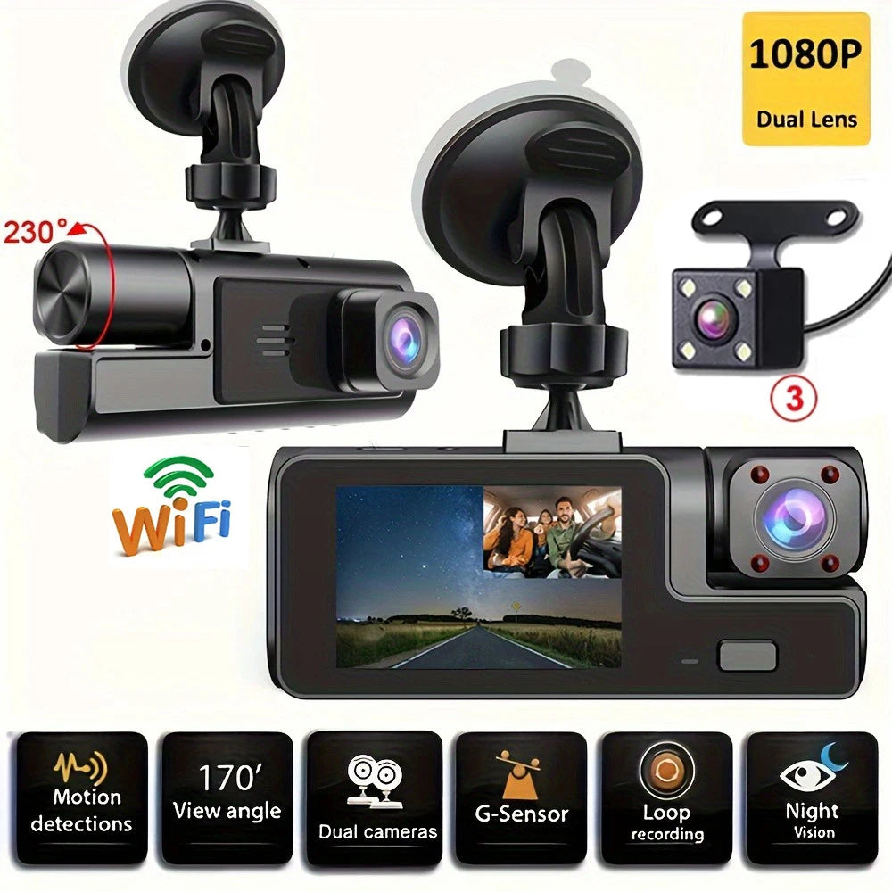 Triple Lens 1080P WiFi Dash Cam with Front, Rear & Cabin Recording, Night Vision