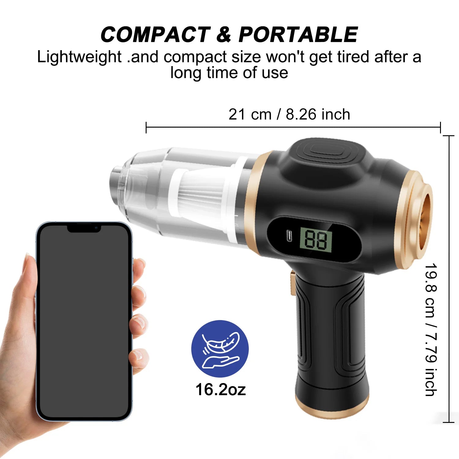 Powerful 2-in-1 Air Duster & Vacuum, Handheld Cordless Cleaner with Digital Display