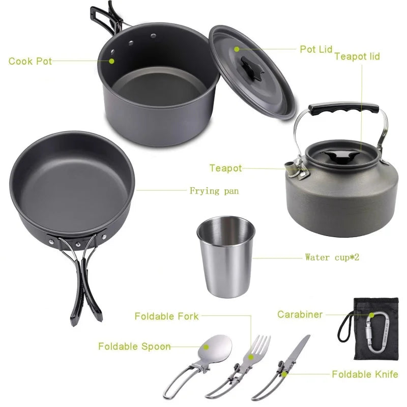 Portable Camping Cookware Set for 2-3 People – Lightweight Backpacking Cooking Kit with Folding Pots Sets